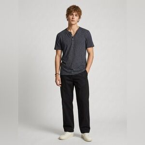 Vince Charcoal Heather Gray/Blue Short-Sleeve Henley Tee Cotton Blend size L